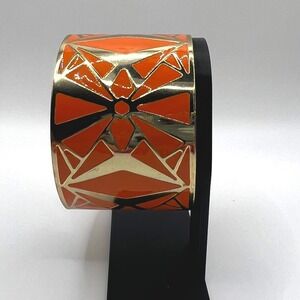 Wide Geometric Open Cuff Bracelet Gold Tone Orange Inlay Statement